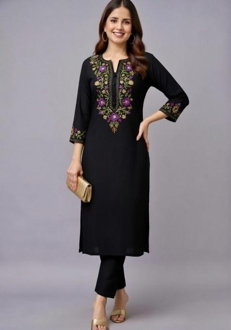 Black Embroidery Rayon Kurti Set