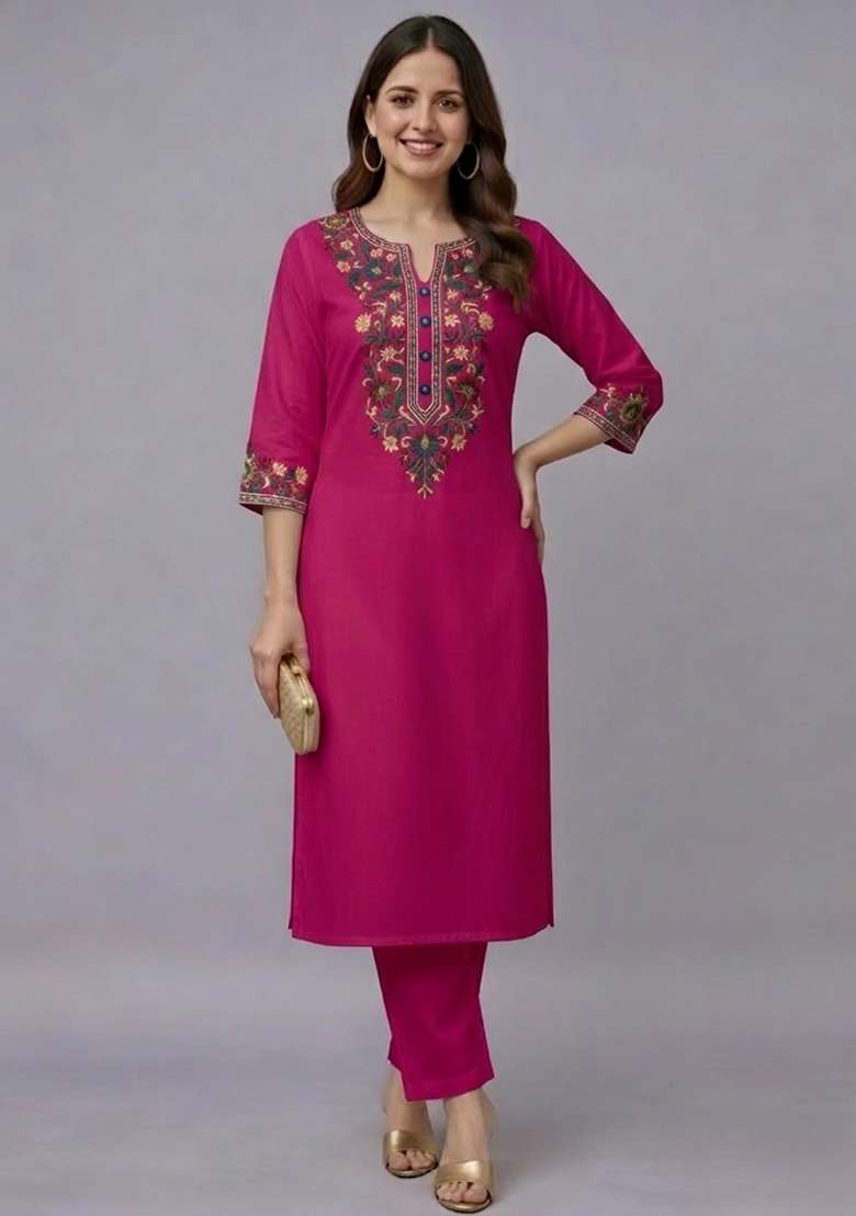 Pink Embroidery Rayon Kurti Set - Indya