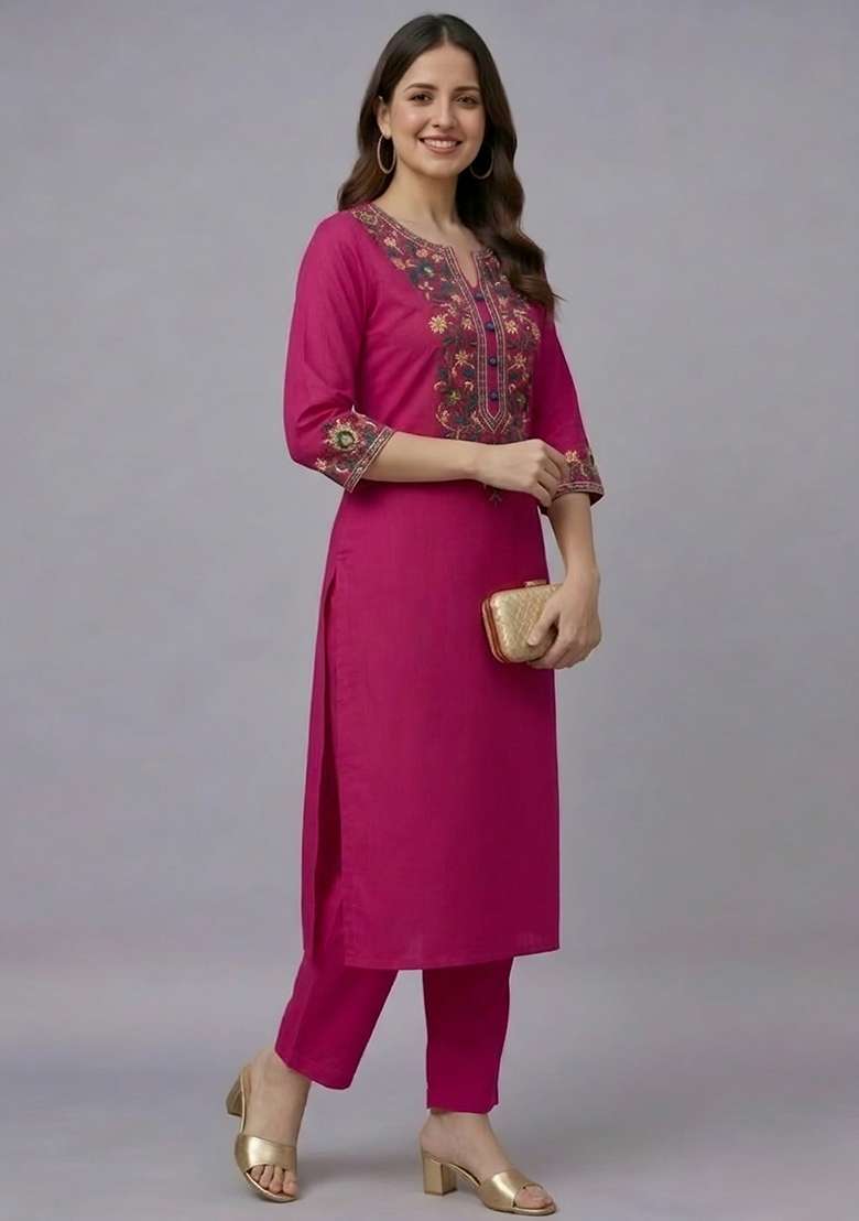 Pink Embroidery Rayon Kurti Set - Indya