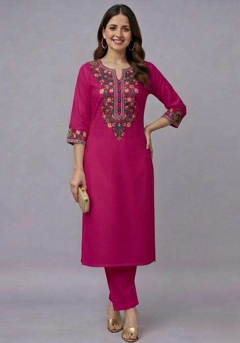 Pink Embroidery Rayon Kurti Set
