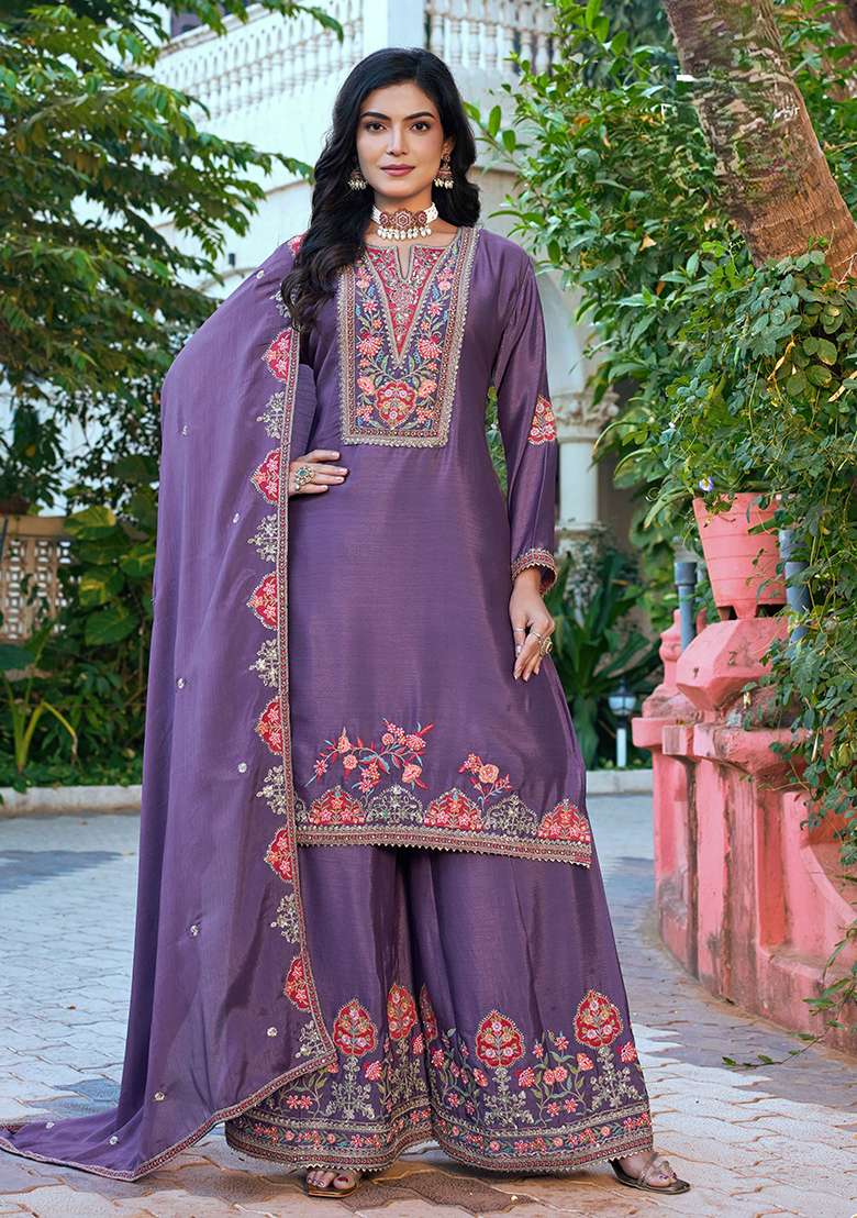 Purple Embroidery Chinon Kurta Set - Indya