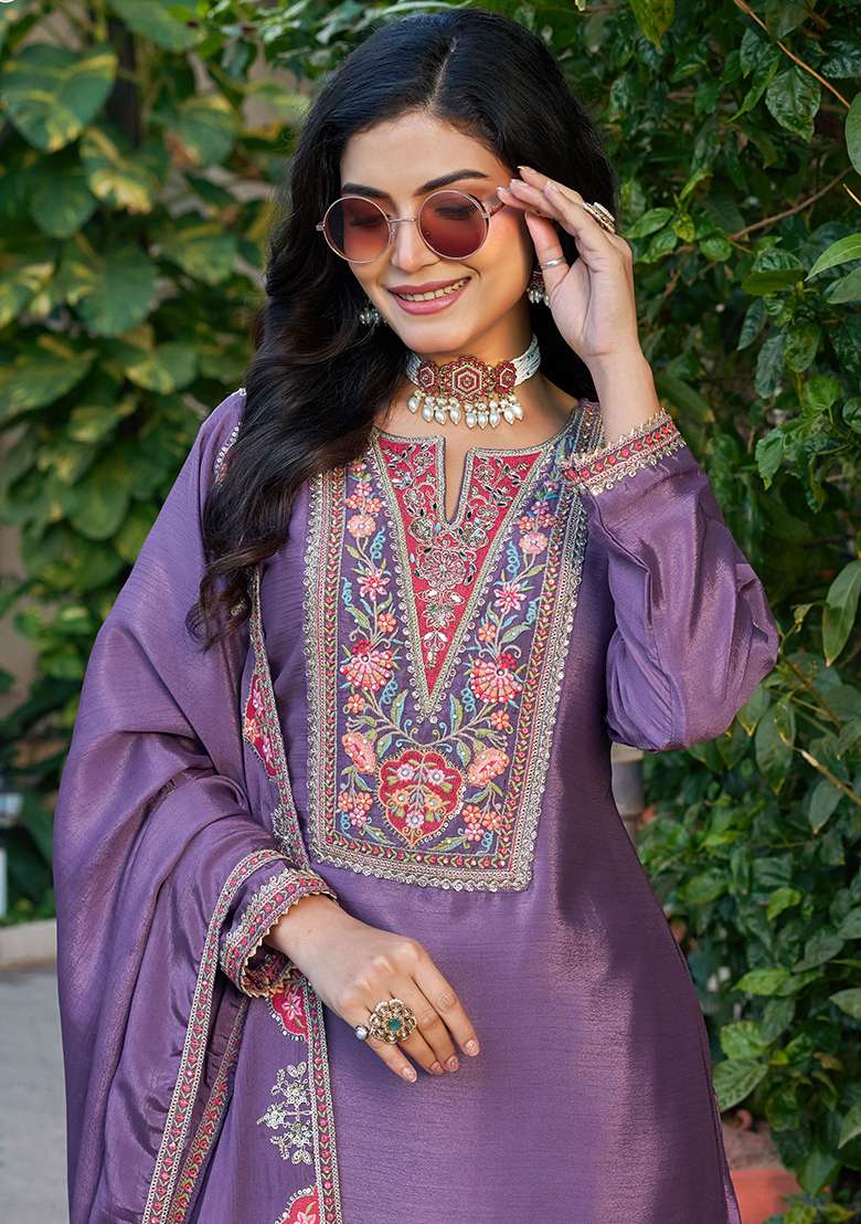 Purple Embroidery Chinon Kurta Set - Indya