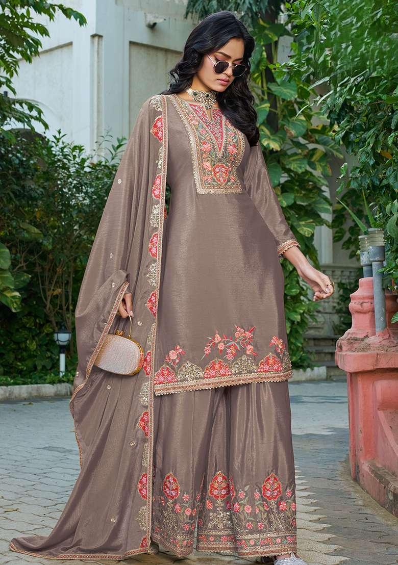 Brown Embroidery Chinon Kurta Set - Indya