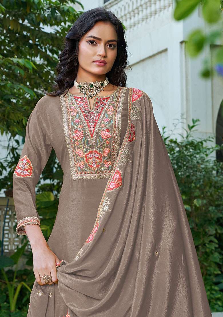 Brown Embroidery Chinon Kurta Set - Indya