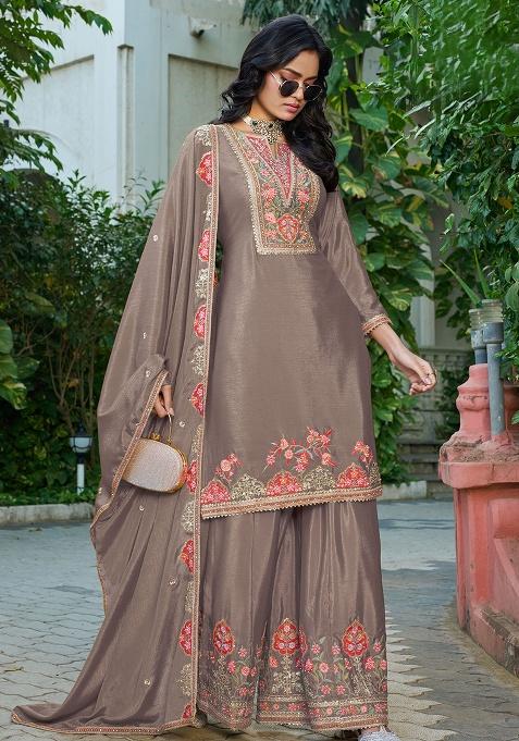 Brown Embroidery Chinon Kurta Set