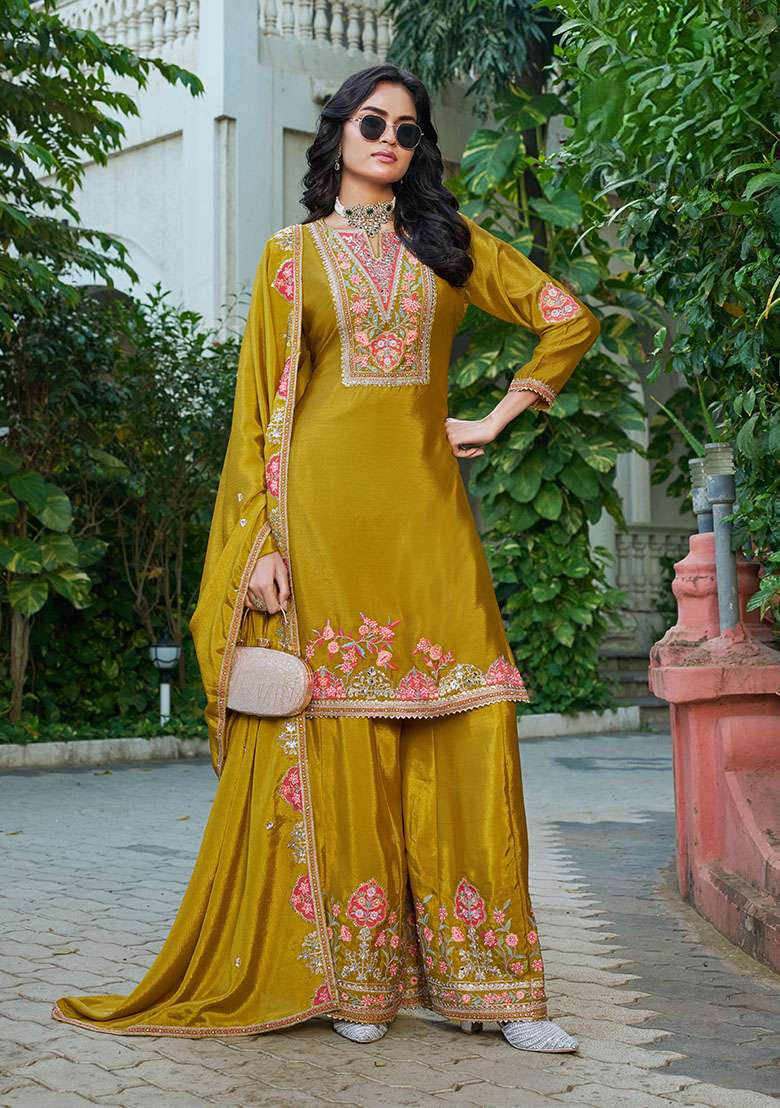 Yellow Embroidery Chinon Kurta Set - Indya