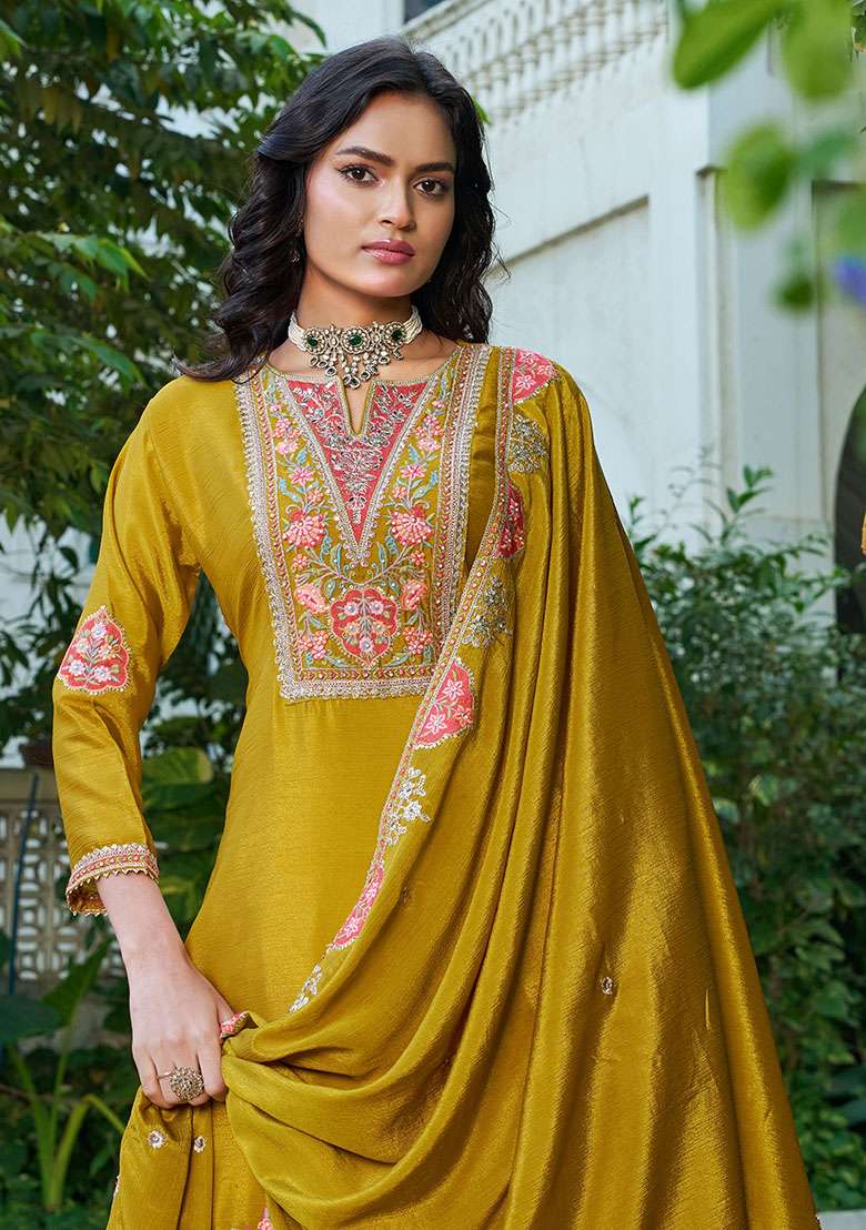 Yellow Embroidery Chinon Kurta Set - Indya