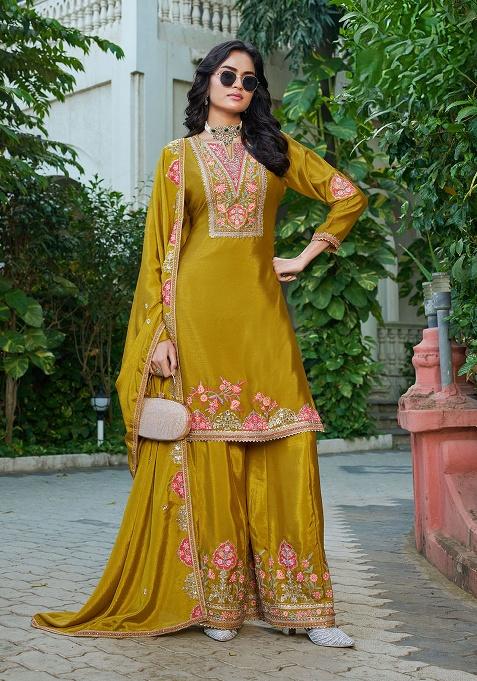 Yellow Embroidery Chinon Kurta Set