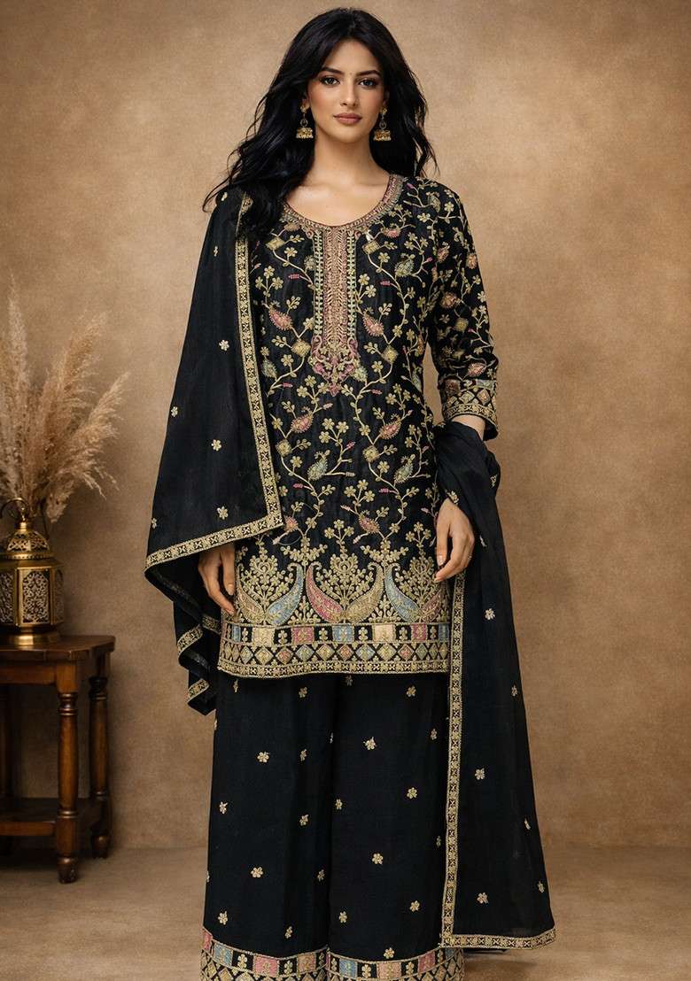 Black Embroidery Chinon Kurta Set - Indya