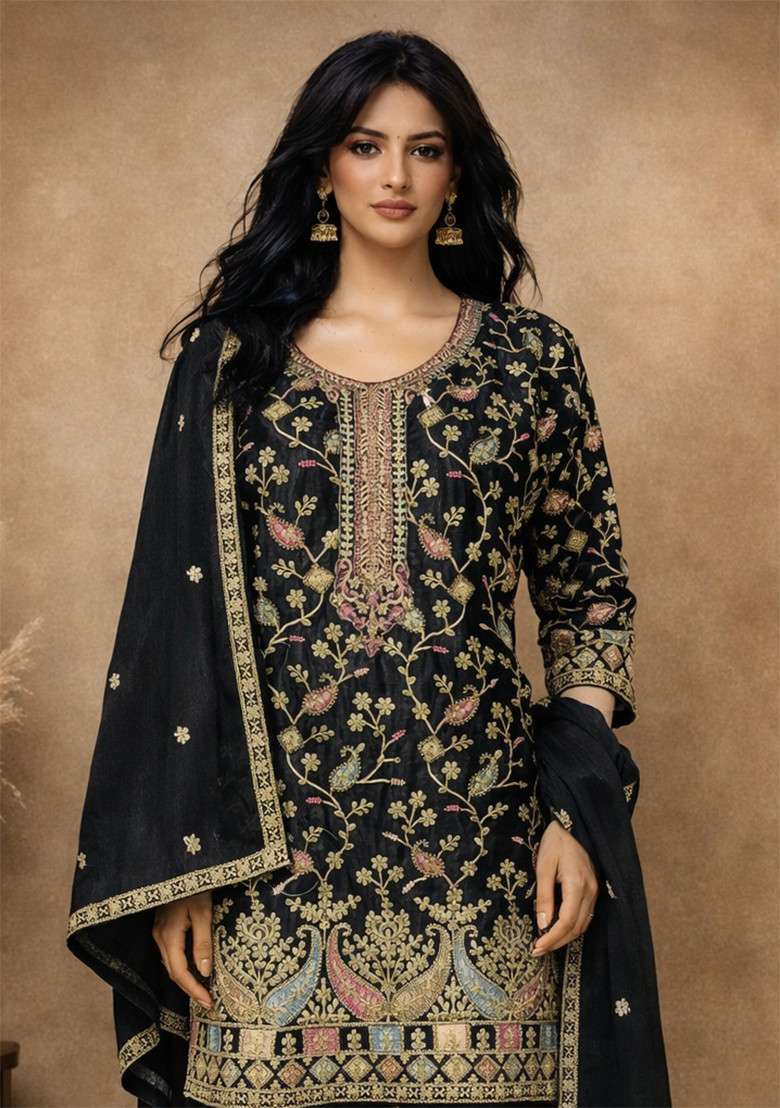 Black Embroidery Chinon Kurta Set - Indya