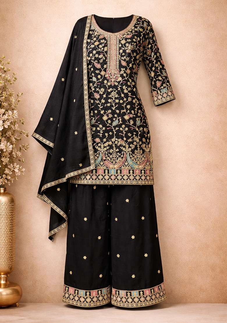 Black Embroidery Chinon Kurta Set - Indya