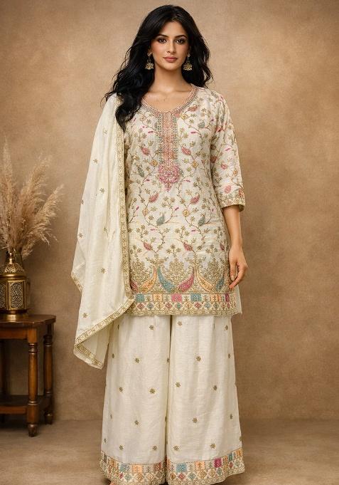 White Embroidery Chinon Kurta Set