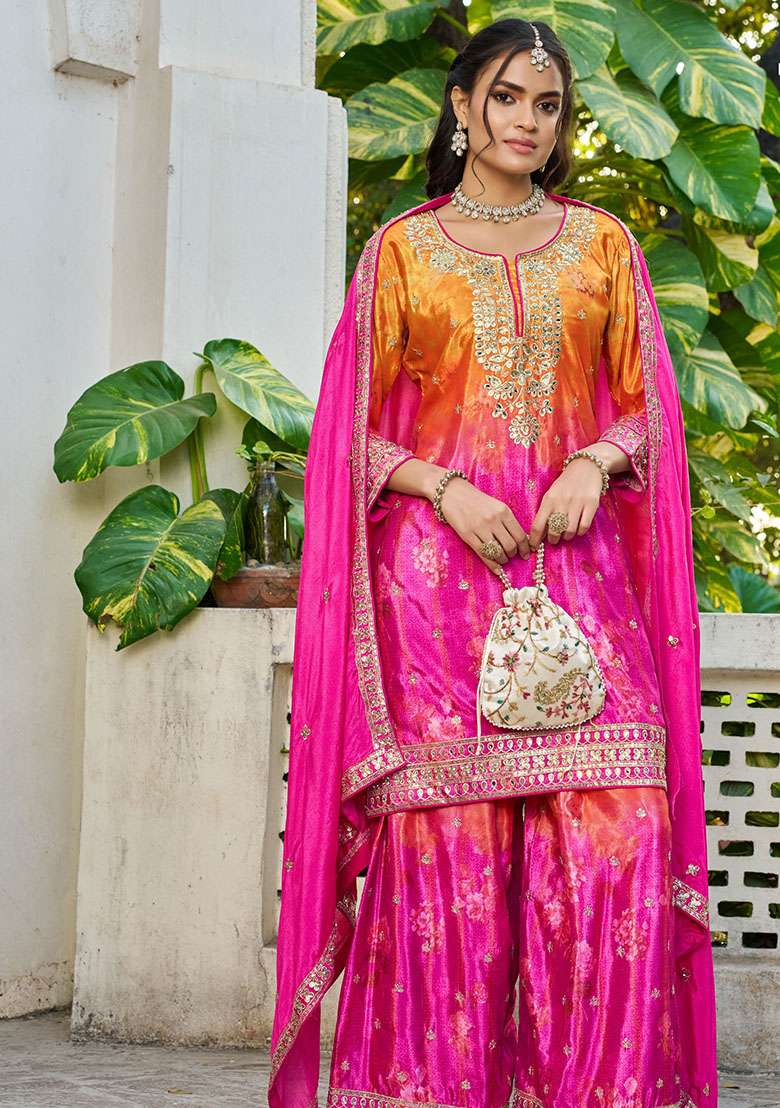 Pink And Magenta Embroidery Chinon Kurta Set - Indya