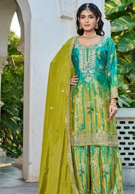 See Green Embroidery Chinon Kurta Set