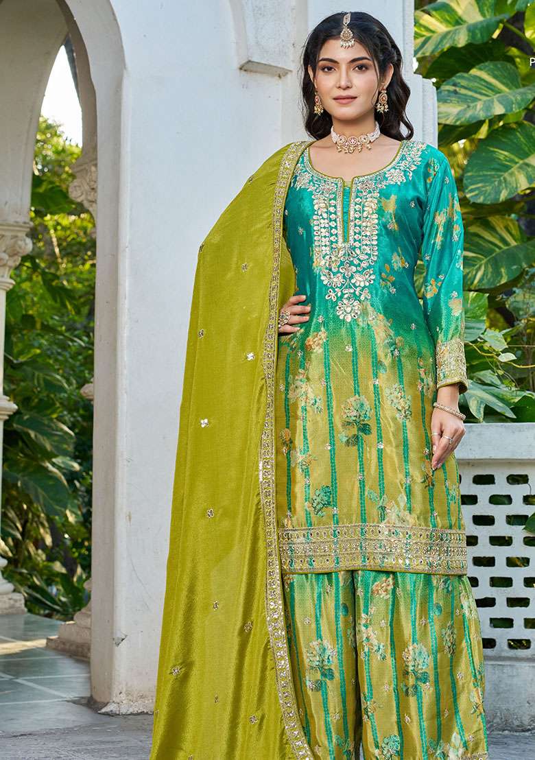 See Green Embroidery Chinon Kurta Set - Indya