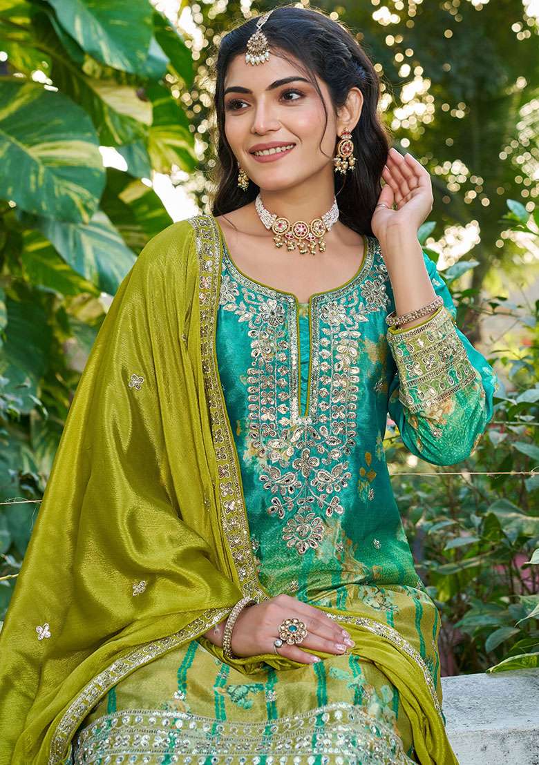 See Green Embroidery Chinon Kurta Set - Indya