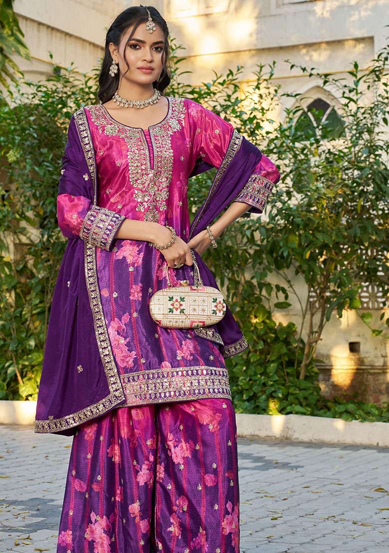 Pink And Purple Embroidery Chinon Kurta Set - Indya