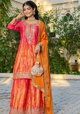 Red And Orange Embroidery Chinon Kurta Set