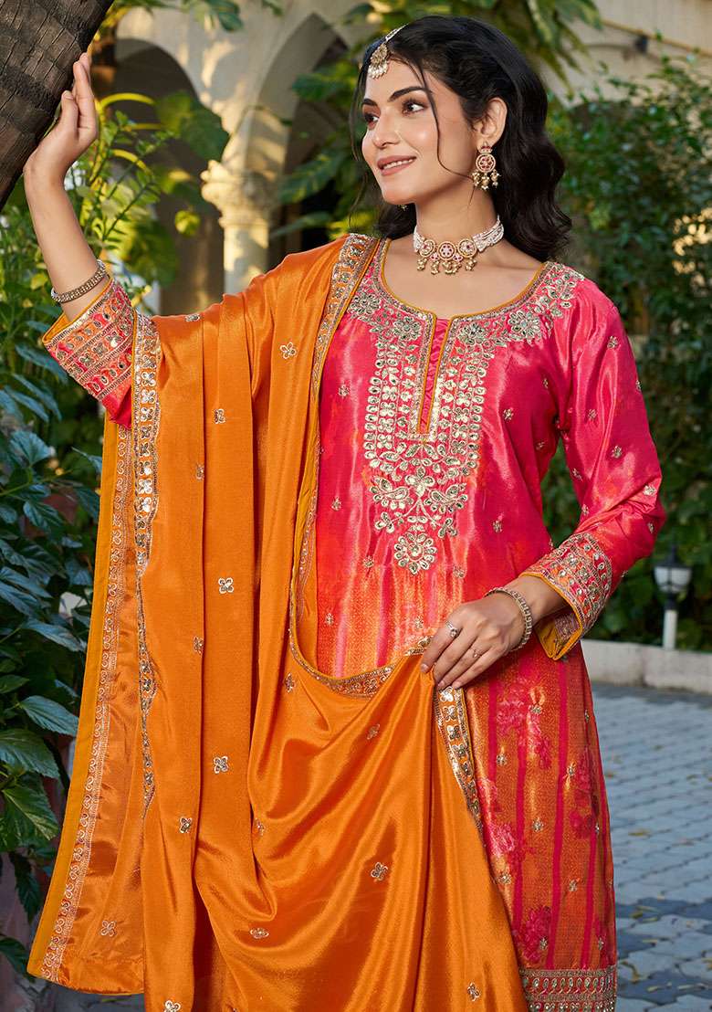 Red And Orange Embroidery Chinon Kurta Set - Indya