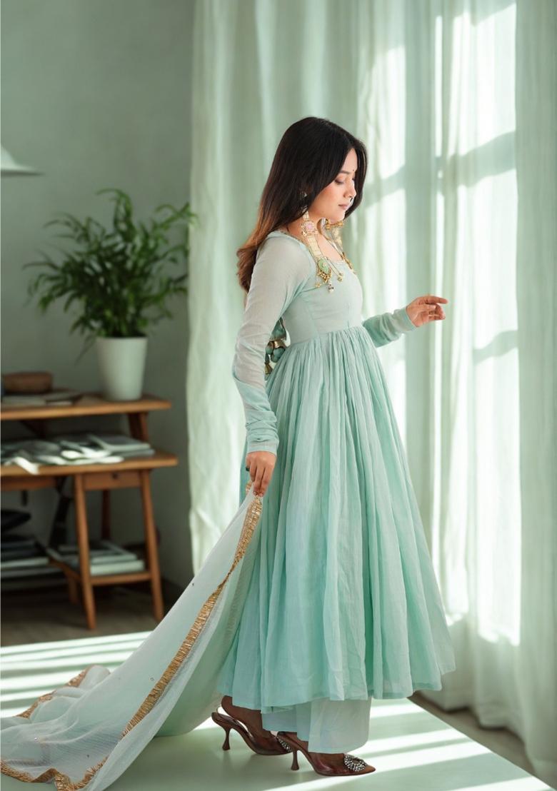 Light Blue Embroidery Faux Anarkali Set - Indya