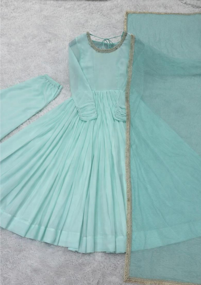 Light Blue Embroidery Faux Anarkali Set - Indya