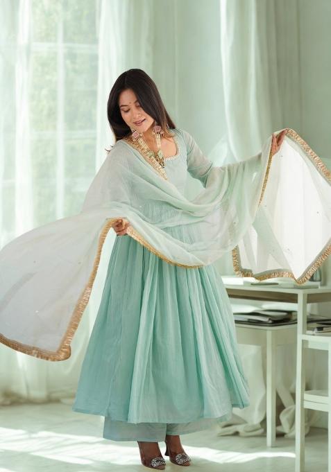 Light Blue Embroidery Faux Anarkali Set