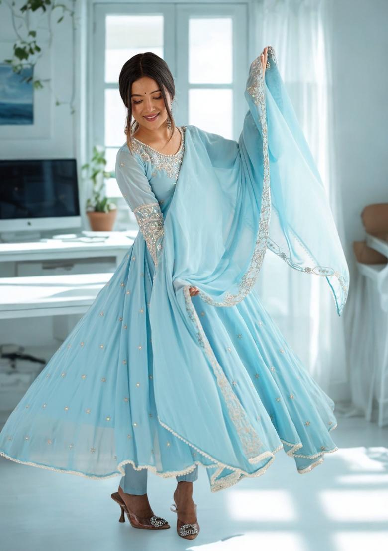 Sky Blue Embroidery Faux Anarkali Set - Indya
