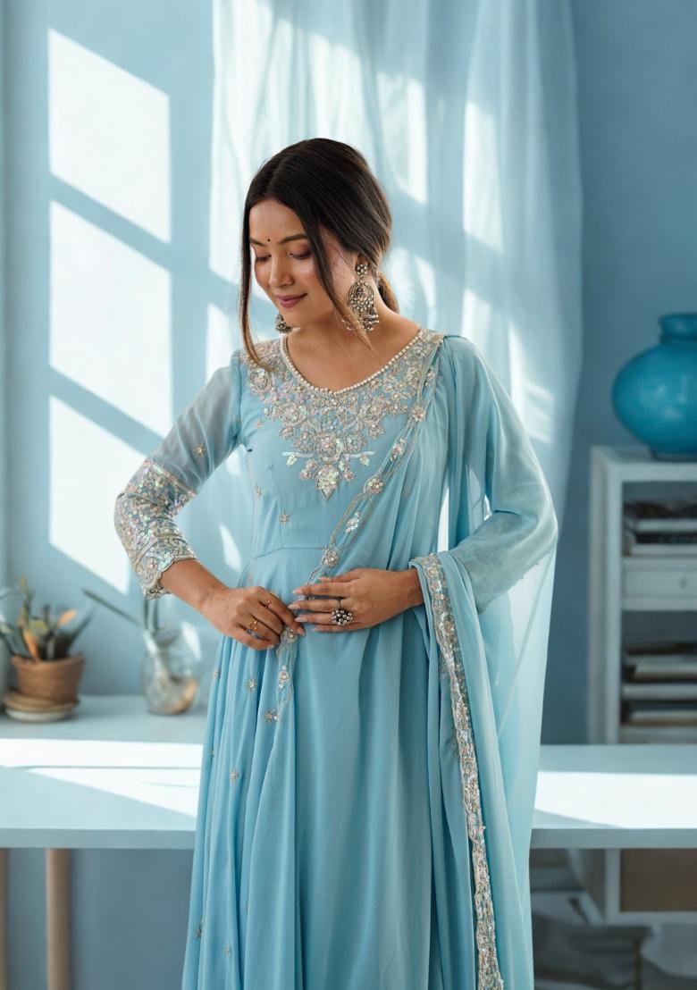 Sky Blue Embroidery Faux Anarkali Set - Indya