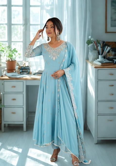 Sky Blue Embroidery Faux Anarkali Set