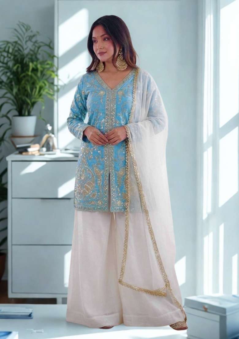 Sky Blue Embroidery Silk Blend Kurta Set - Indya