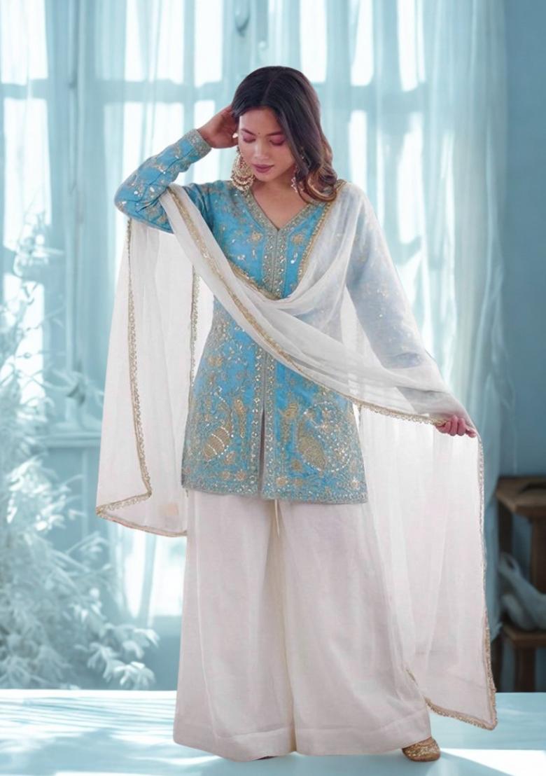 Sky Blue Embroidery Silk Kurta Set - Indya