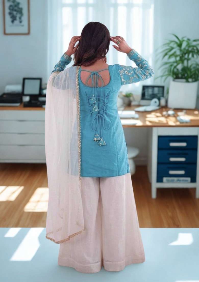 Sky Blue Embroidery Silk Blend Kurta Set - Indya