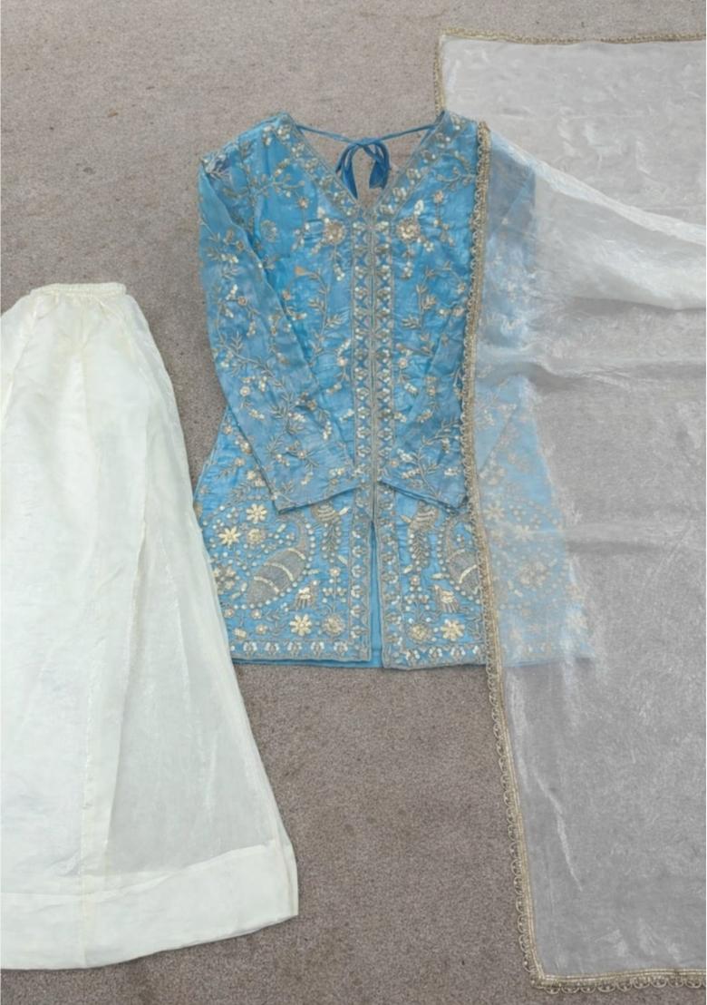 Sky Blue Embroidery Silk Kurta Set - Indya