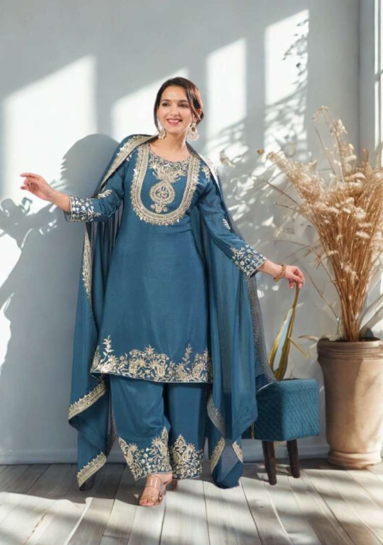 Teal Blue Embroidery Silk Blend Kurta Set - Indya
