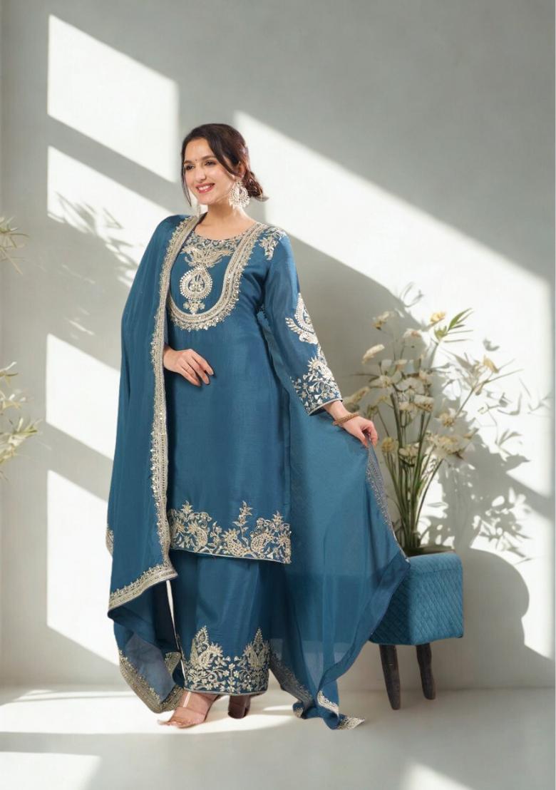 Teal Blue Embroidery Silk Kurta Set - Indya