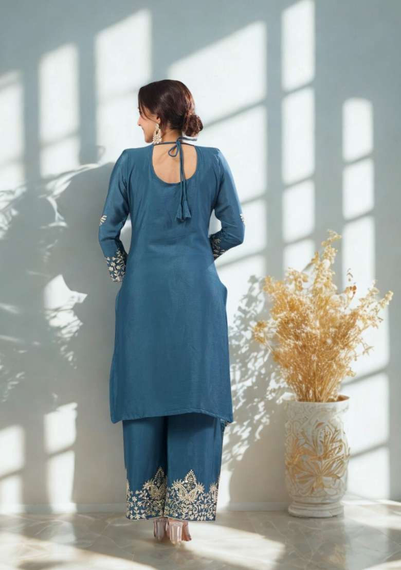 Teal Blue Embroidery Silk Blend Kurta Set - Indya