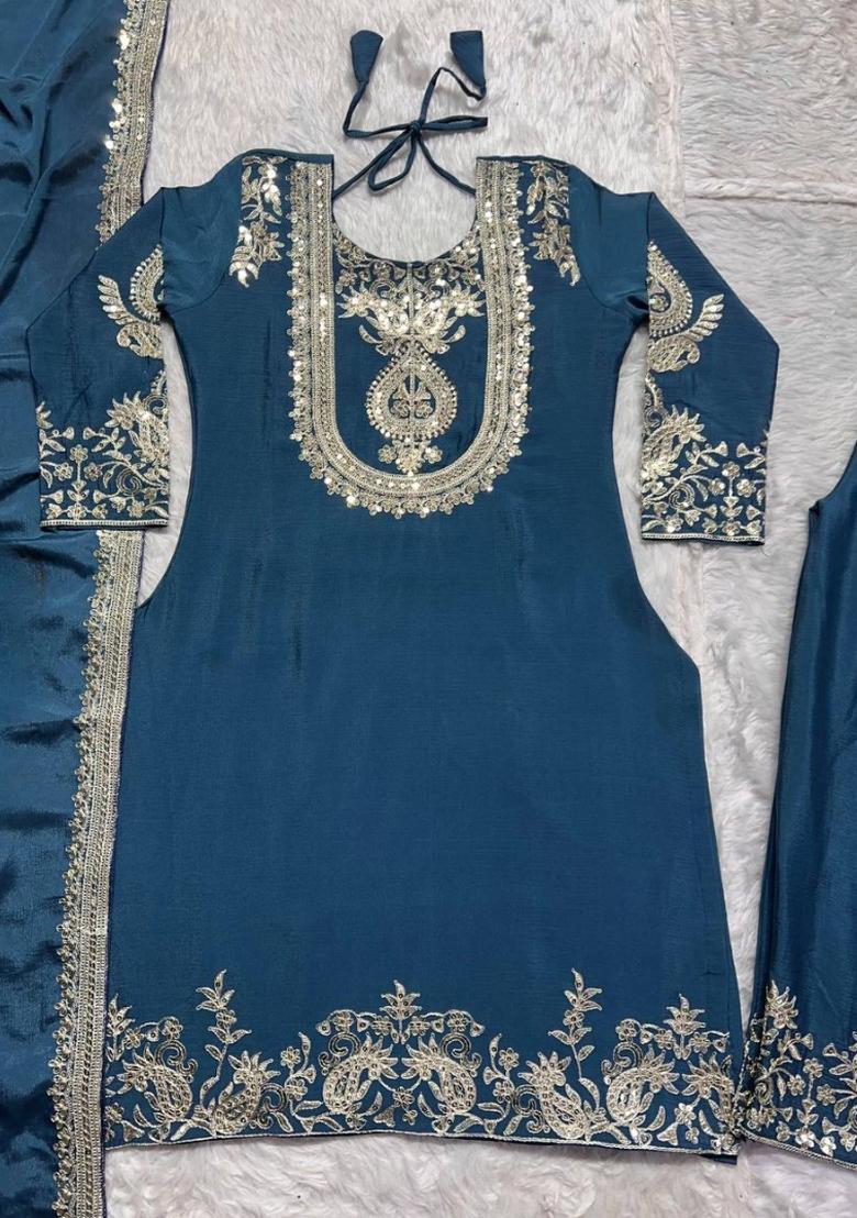 Teal Blue Embroidery Silk Kurta Set - Indya