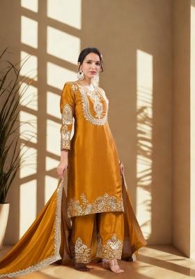 Yellow Embroidery Silk Kurta Set