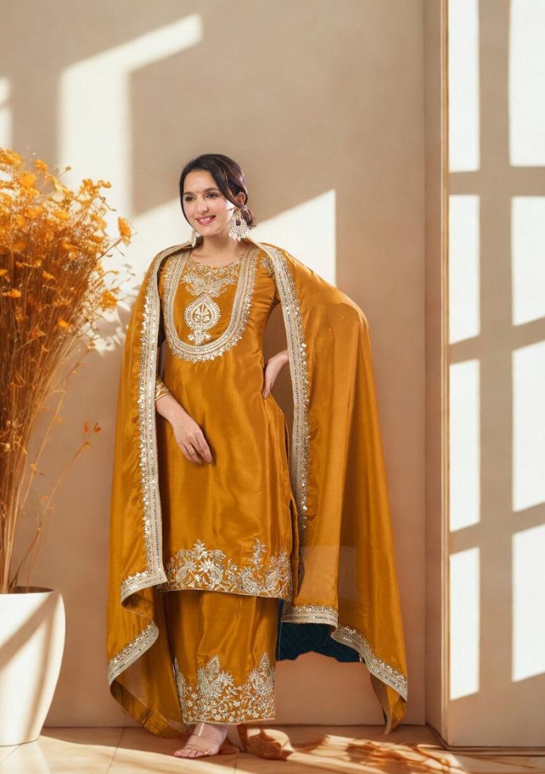 Yellow Embroidery Silk Kurta Set - Indya