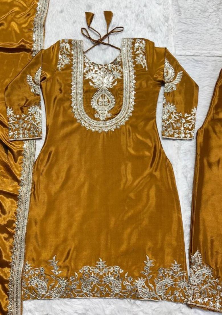 Yellow Embroidery Silk Kurta Set - Indya