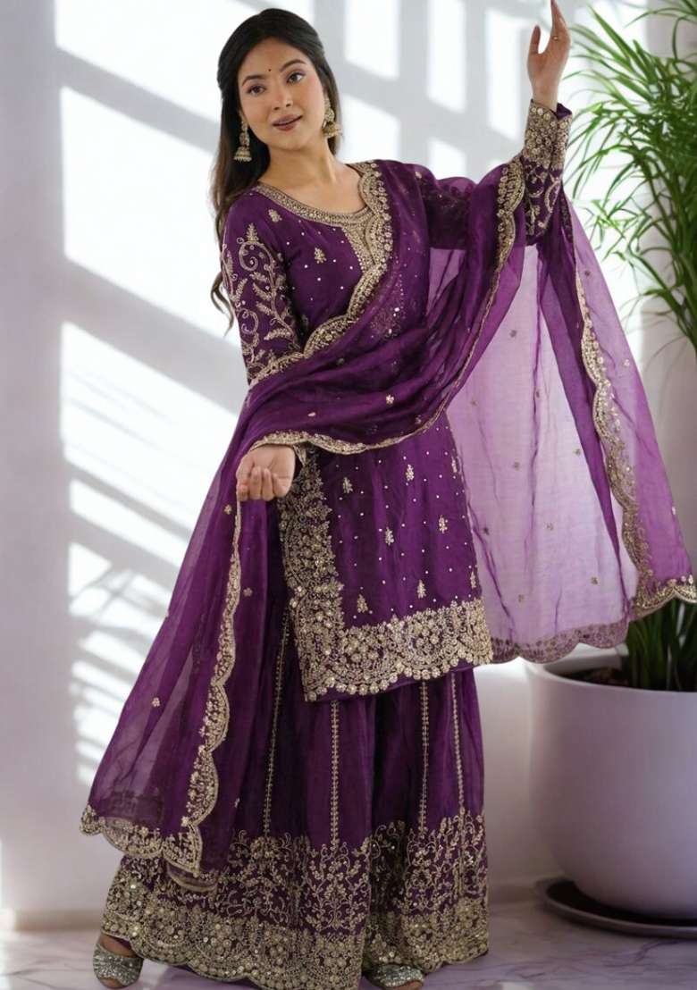 Wine Embroidery Silk Sharara Set - Indya