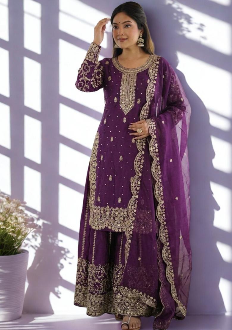 Wine Embroidery Silk Sharara Set - Indya