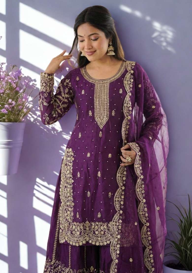 Wine Embroidery Silk Sharara Set - Indya