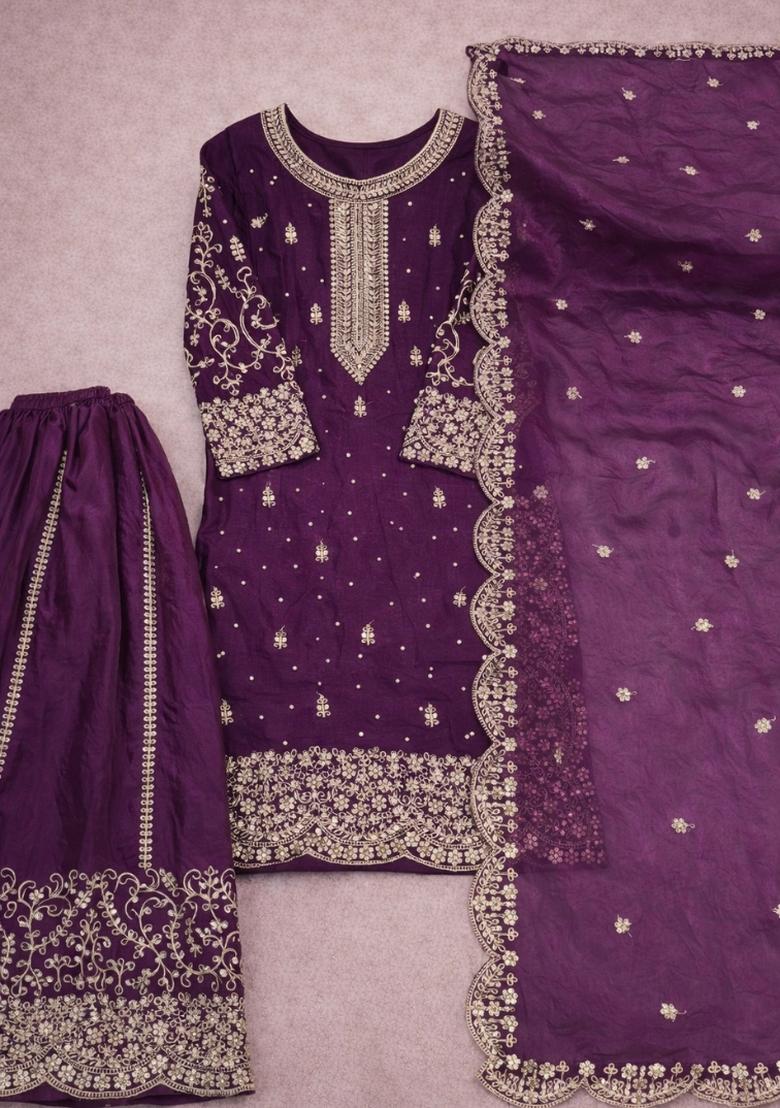 Wine Embroidery Silk Sharara Set - Indya
