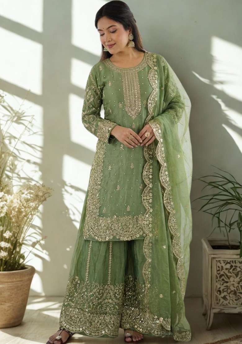 Green Embroidery Silk Sharara Set - Indya