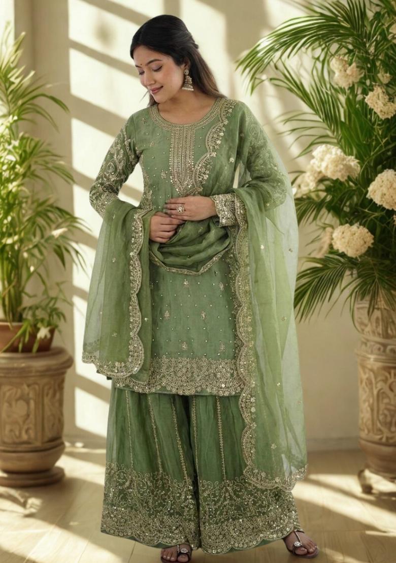 Green Embroidery Silk Sharara Set - Indya