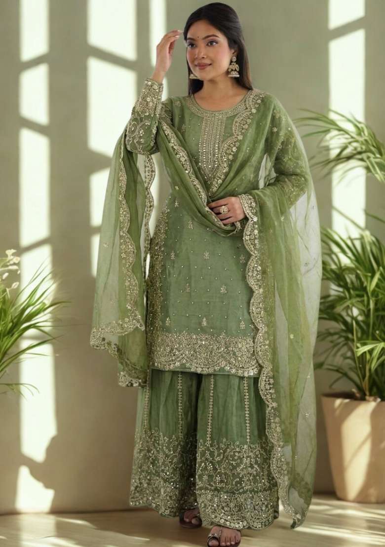 Green Embroidery Silk Sharara Set - Indya