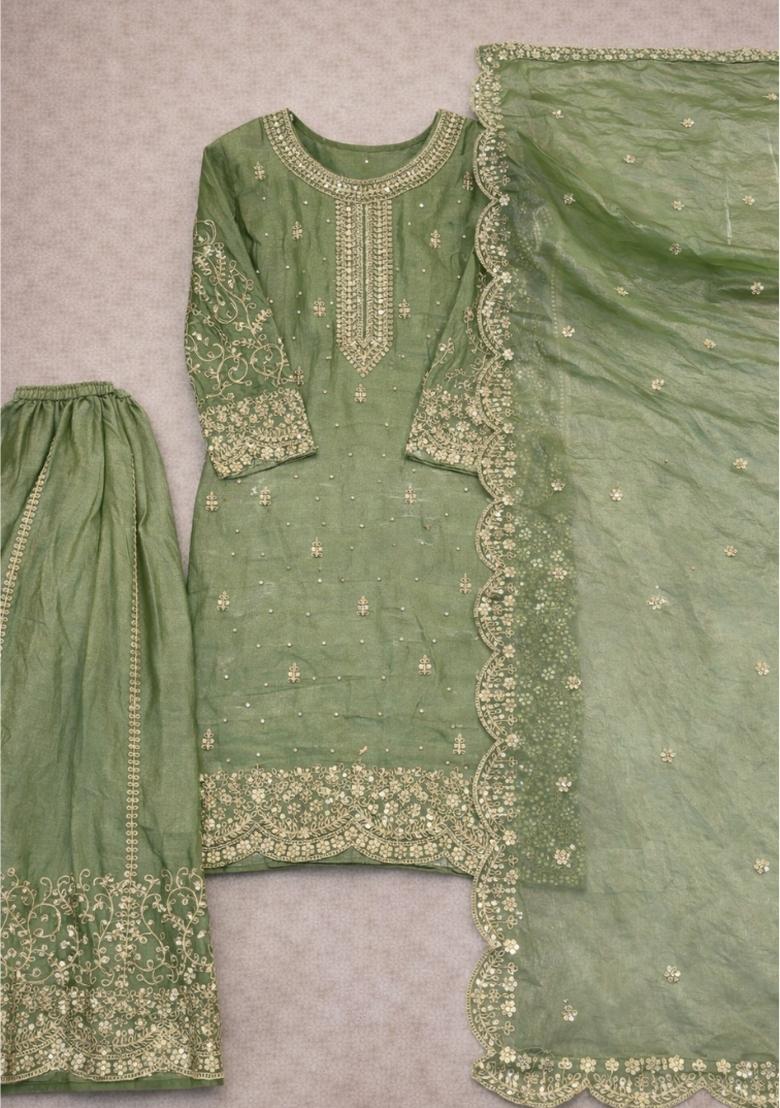 Green Embroidery Silk Sharara Set - Indya