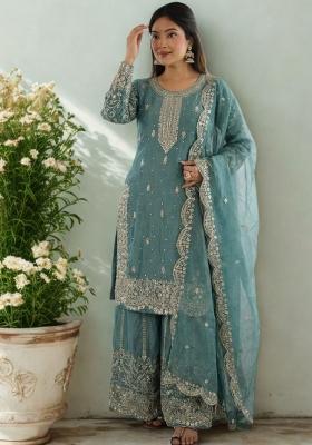 Sea Green Embroidery Silk Sharara Set