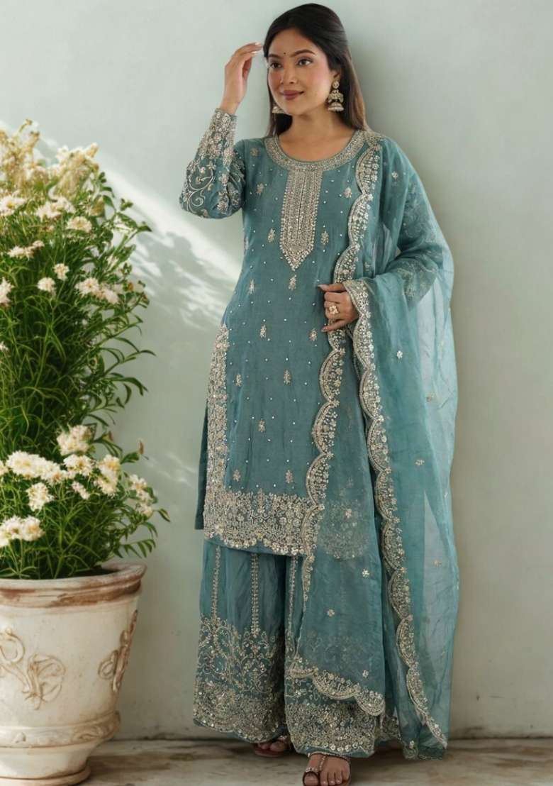 Sea Green Embroidery Silk Sharara Set - Indya